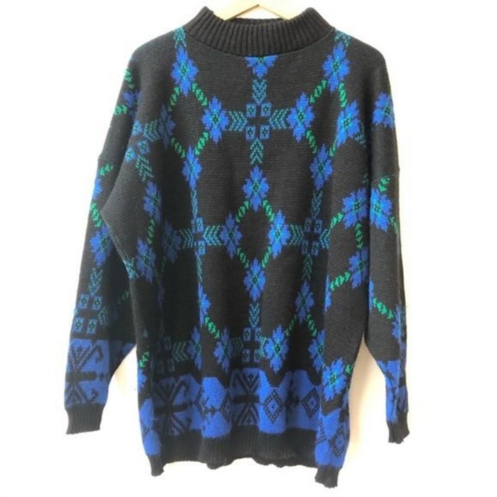 DOMANI Vintage 80's Grandpa Sweater Geometric Diamond Black Blue Women's Medium